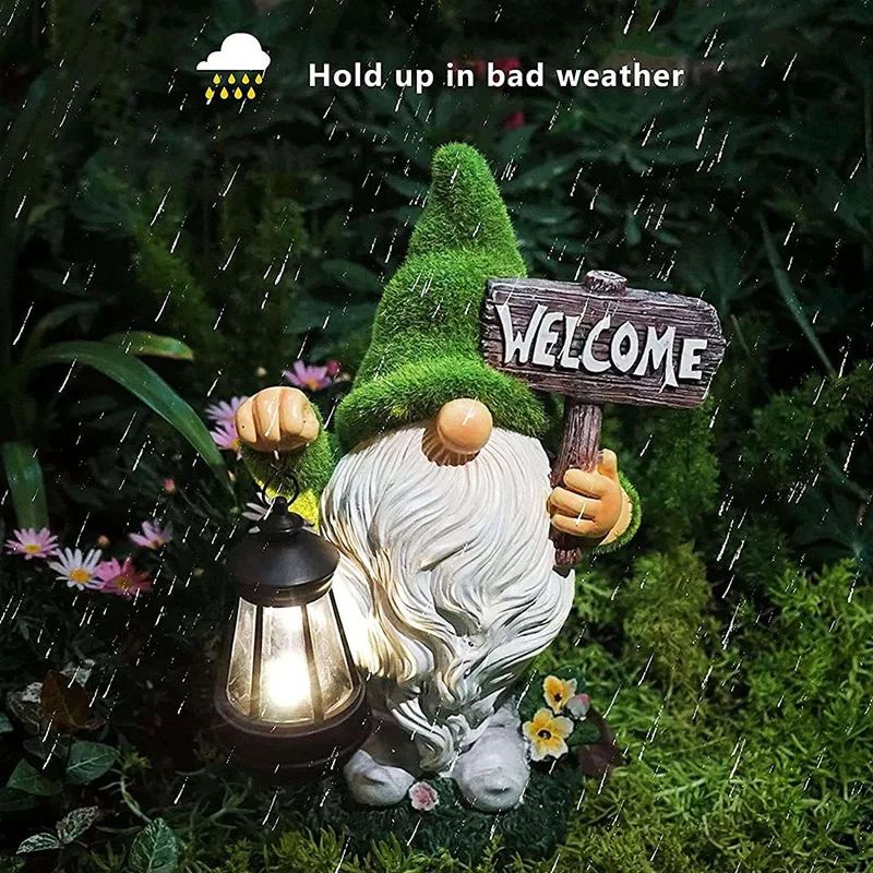

Garden Gnome Statue Holding Welcome Sign Decorative Lantern-with Solar Garden LED Portable Lamp,for Patio Yard Lawn