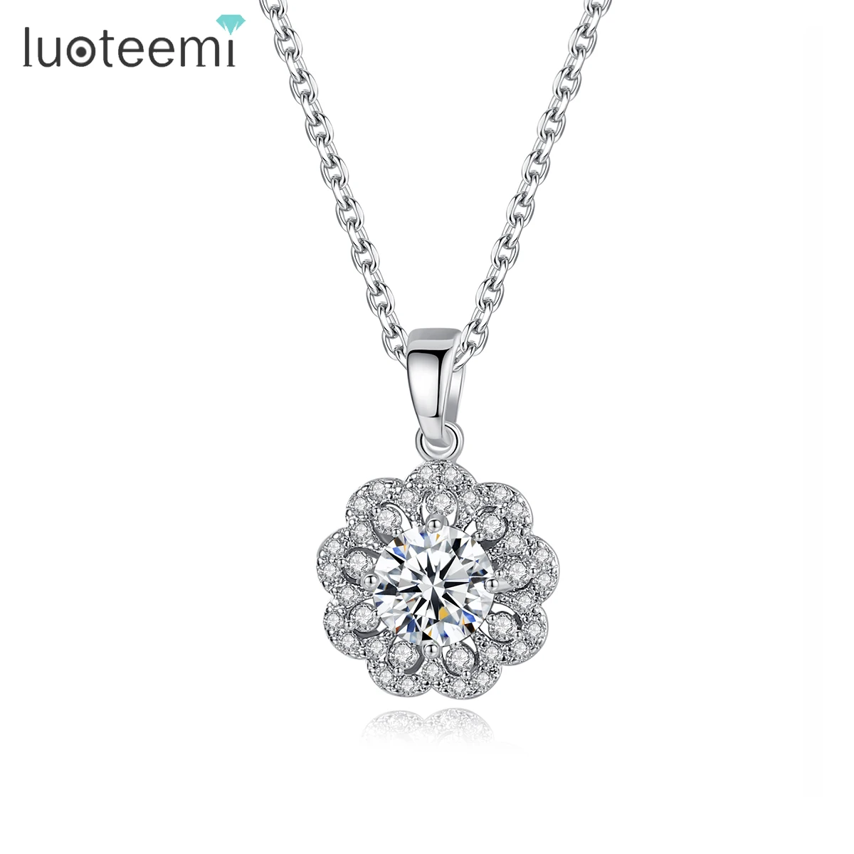 

LUOTEEMI New Personality Fashion Flower Pendant Cubic Crystal Zircon Necklace Shinning Female Trendy Pendant Link Chain Jewelry