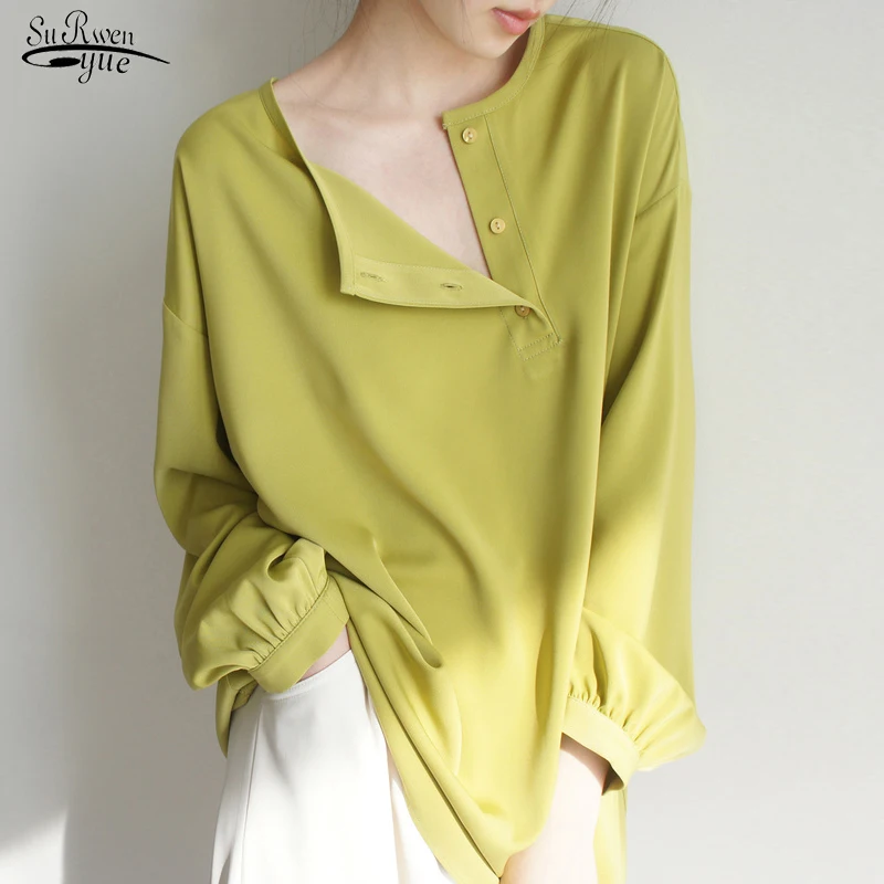 

Spring Avocado Green Long Sleeve Asymmetric Pullover Shirt Casual Loose Summer Slim 2022 Skin-friendly Women Blouse Female 20069