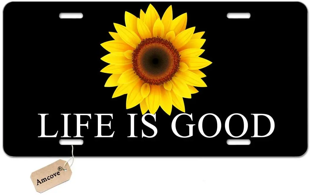 

Amcove License Plate Cover Life is Good Sunflower Automotive high Gloss Metal License Plate,Aluminum License Plate