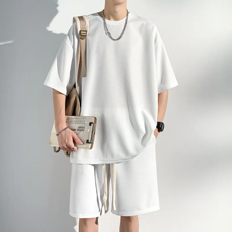 

Summer Sets Men Fashion Oversized Solid Short Sleeve T Shorts Two Piece Set Men Korean Loose Ice Silk Set Mens Short Sets M-3XL
