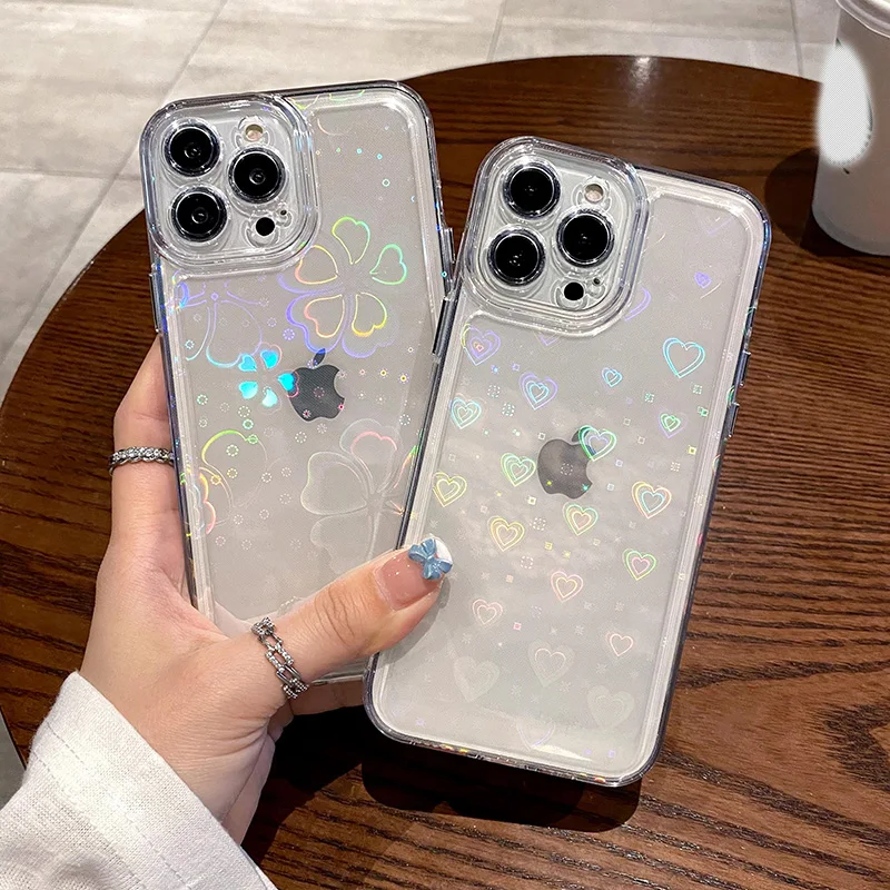 

Fashion Gradient Laser Love Heart Leaf Pattern Case For iPhone 13 11 12 Pro Max X XS XR 7 8 Plus SE20 Clear Len Protect Cover