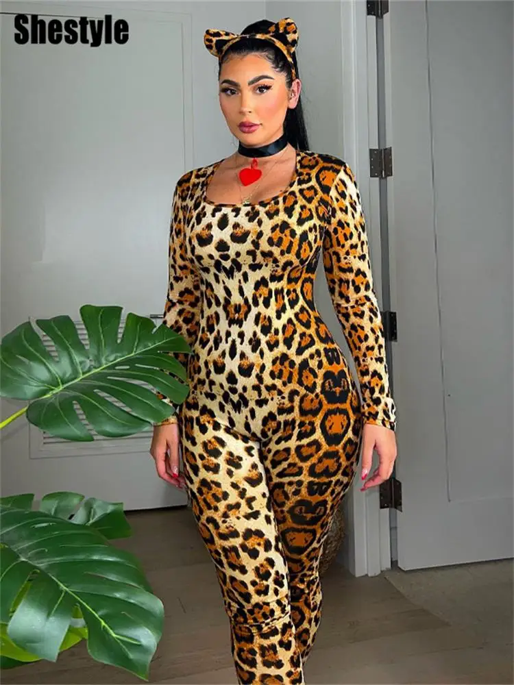Shestyle Women Jumpsuits with Tail Sexy Backless Leopard Tiger Print Wild Style Skinny Round Neck Christmas Costume 2021
