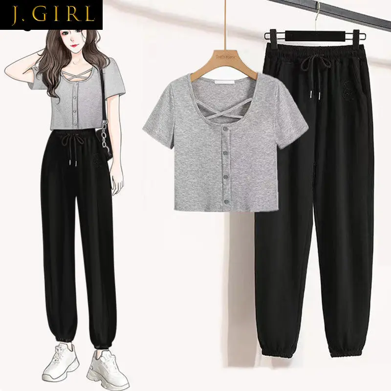 

Sets Women Design Hollow Out Sexy Button Cropped T-shirts Solid Drawstring Tie Feet Empire Wide-leg Pants Teens Korean Fashion