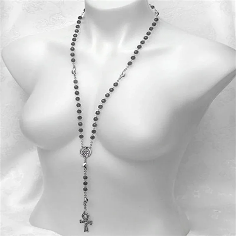 

Pagan Gothic ELEMENTAL ROSARY NECKLACE Hematite Beaded Silver Pentagram Ankh Moon Pendant