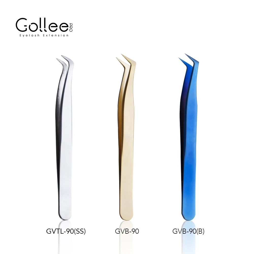 Gollee 1Pcs New Tweezers Eyelash Extensions High Precision Lash Tweezers Anti-Static Stainless Steel 90 Degrees With Fiber Tips