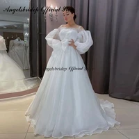 angelsbridep beach organza sweep train wedding dress puff sleeves lace appliques bohemian bridal gowns vestidos de novia