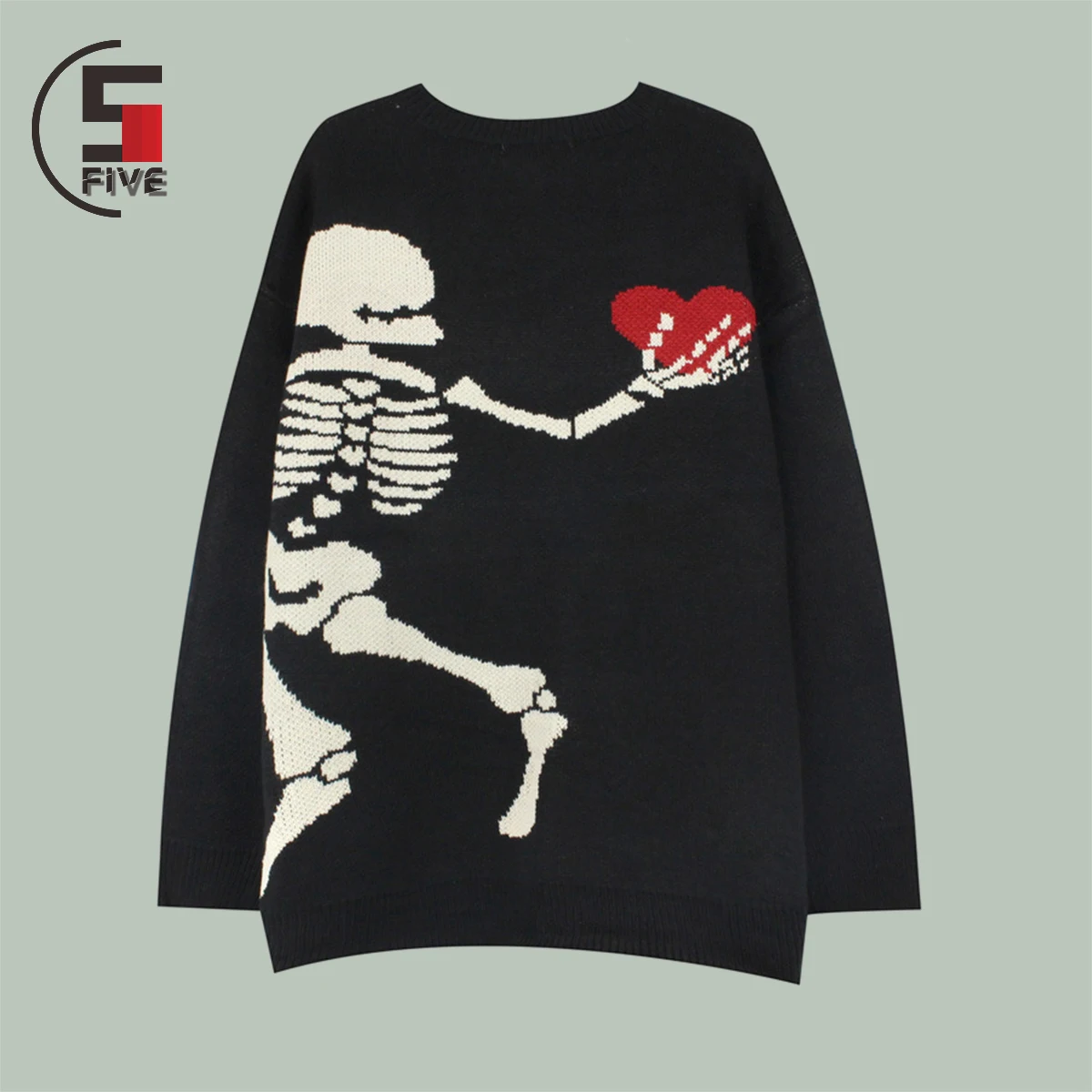 

Men Oversized Sweater Men Black Loose Skeleton Skull Print Women Vintage Retro Knitted Sweater 2022Autumn Cotton Pullover Unisex