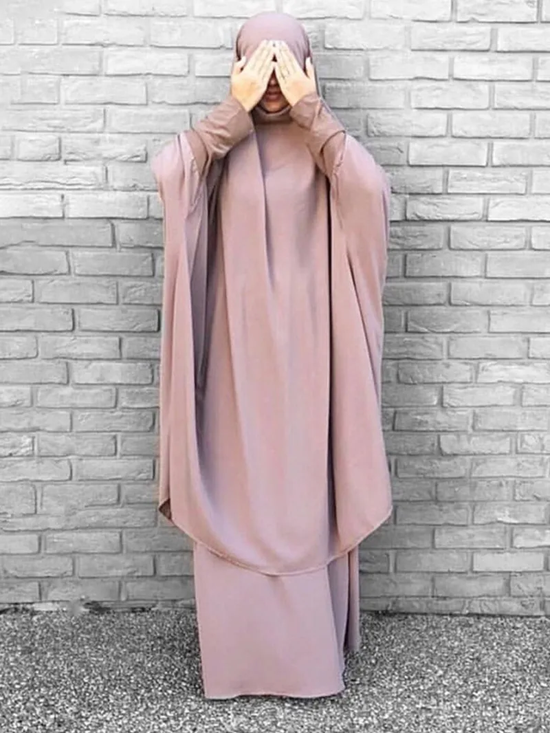 Hooded Abaya Muslim 2 Pieces Set Woman Dress Islam Prayer Dresses Full Cover Ramadan Gown Islamic Clothes Garment Hijab Dress