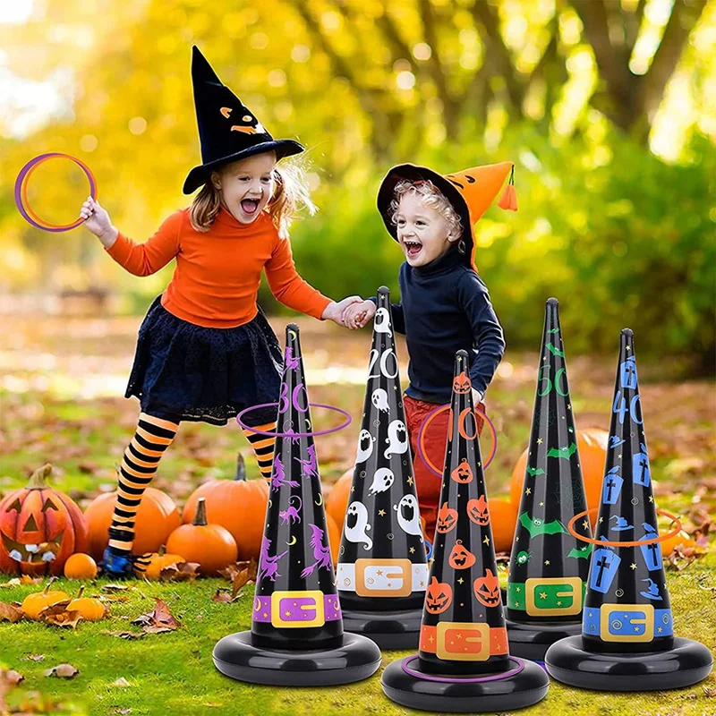 Halloween Party Toys Games Inflatable Witch Hat Ring Toss Game With Points Plastic Air Pump