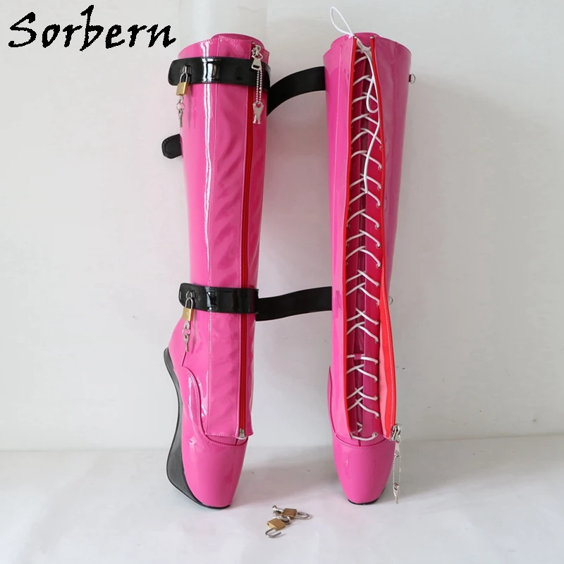 Sorbern Peach Black Patent Women Boots Knee High Ballet Hoof Ladies Heelless Lockable Lace Up Boot Fetish High Heel Shoes