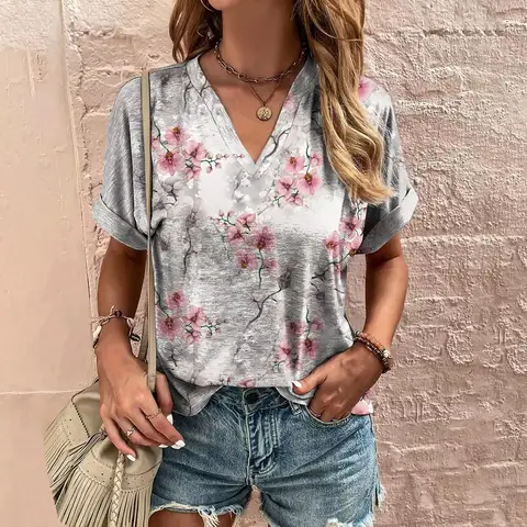 Vintage T Shirt For Women V-Neck Short Sleeve Summer Loose Casual Women Clothing Y2k Pullover Ladies T-Shirt Streetwear Harajuku