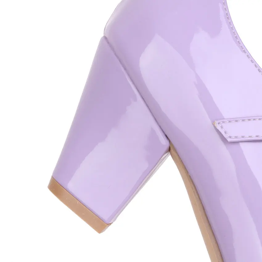 Eokkar Patent Leather Mary Janes Shoes High Heels Women Chunky Block Heel Pumps Buckle Closed Toe Square Toe Pumps Plush Size