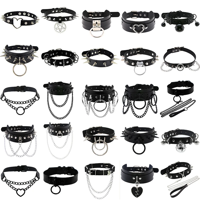 Black Goth Choker Necklace For Women Punk Spike Rivet Round Heart Bell Belt Necklaces Collar Cosplay Chocker Gothic Accessories