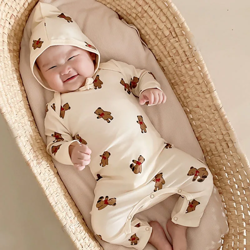 

2022 Spring Autumn Baby Cotton Bodysuit Hooded Lovely Active Fashion Cute Infant Print Climbing Jumpsuit