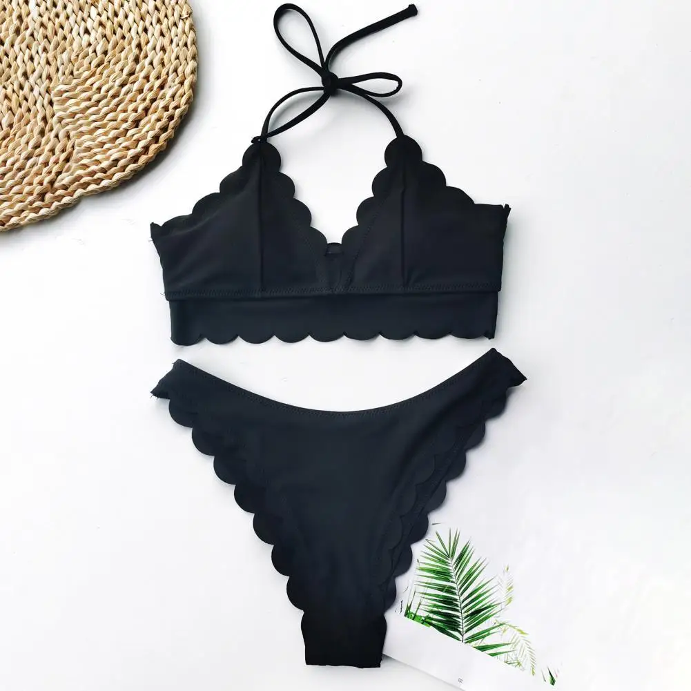 

2 Pcs/Set Chic Swimwear Set V Neck Fanshaped Edge Summer Bikini Backless Summer Bikini Set