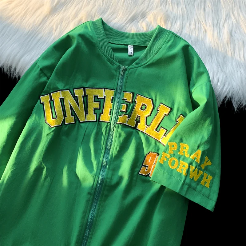 

Зеленая рубашка на молнии с вышивкой и надписью, бейсбольная униформа, мужская рубашка в стиле хип-хоп, Ранняя Повседневная рубашка на все сезоны