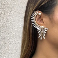 fashion exaggerated crystal pearl earrings personality geometric leaf ear bone clip