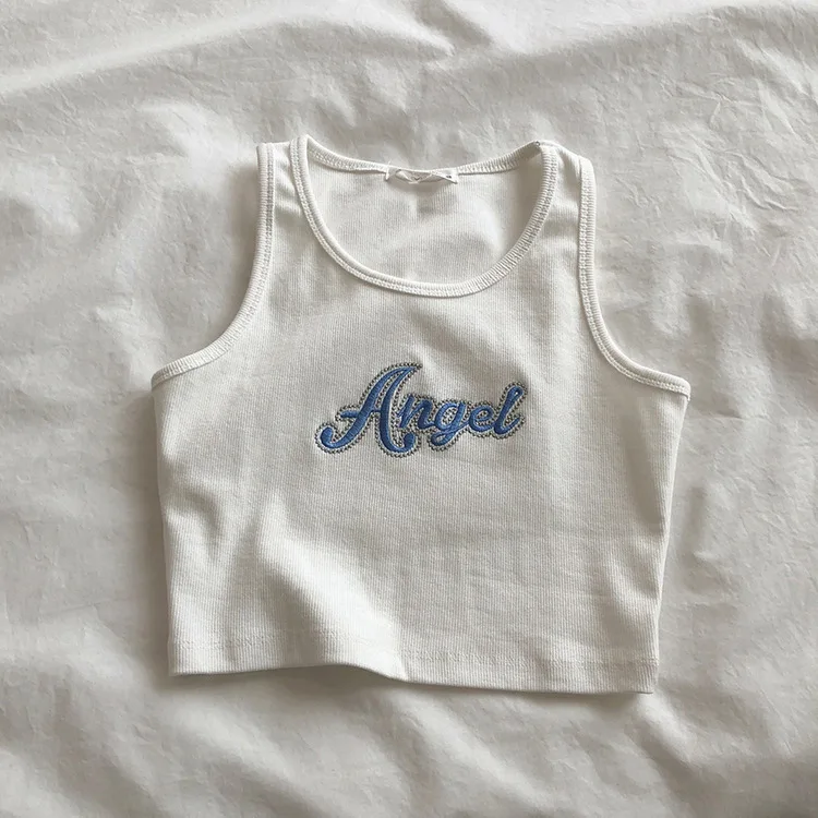 Embroidered Letters High Waist Crop Top Women Breathable Camisole Ribbed Solid Color Streetwear Y2K Gyaru Clothing Tank Top