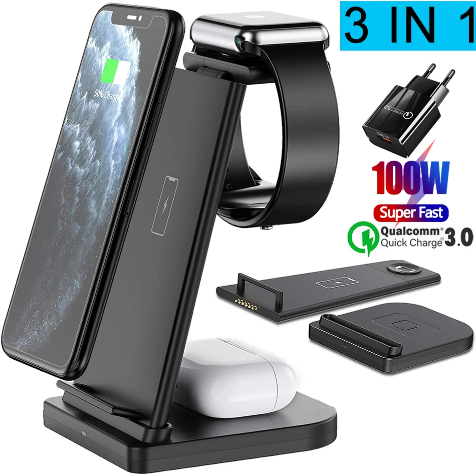 

3 in1 Wireless Charger For iPhone 11 14 Xs AirPods Apple Watch 8/3/4/5 Wireless Charging Stand for Doogee Samsung Huawei Xiaomi