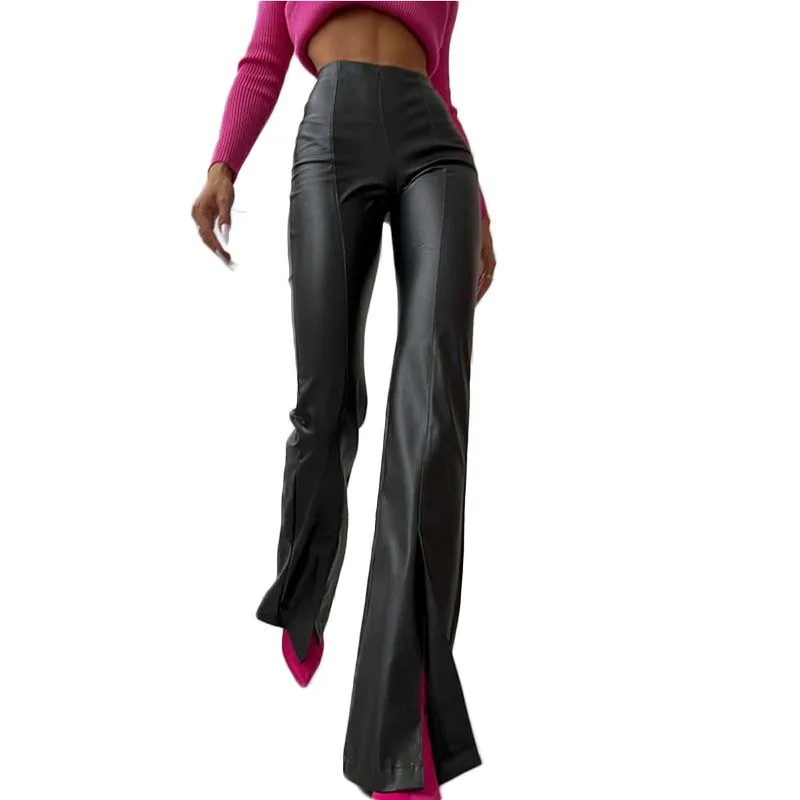 2022 Black Leather Flare Pants Women Sexy High Waist Elastic Split Fitness Casual Pantalones De Mujer Y2k Брюки Женские New