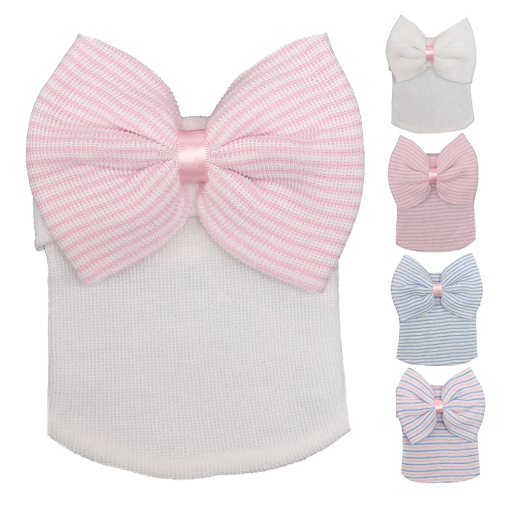 

Soft Warm Newborn Hospital Hat Cute Baby Cap with Bow Stripe Infant Hat Nursery Beanie Soft Turban Hats for Baby for 0~3 Month