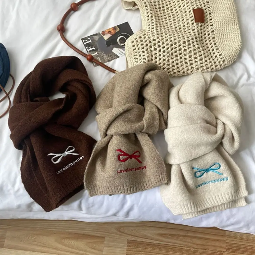 Элегантный женский шарф с вышивкой и бантом ветрозащитные вязаные шарфы из