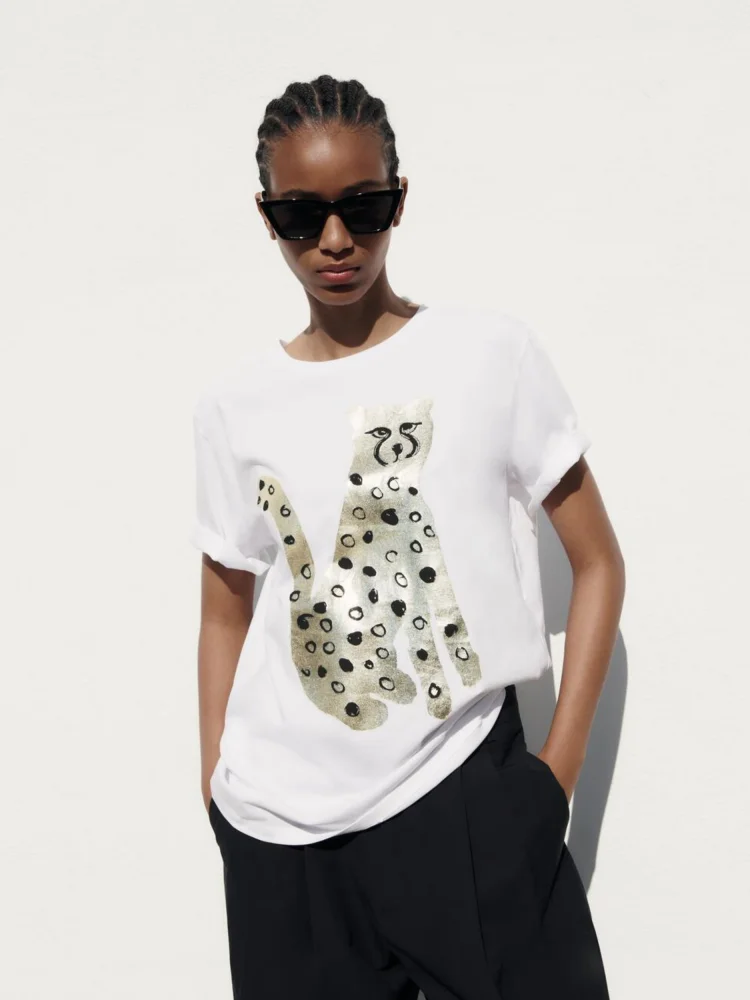 

TAOP&ZA 2023 New Women's Clothing All-match Loose Round Neck Half-sleeve Leopard Print Cotton Short-sleeved T-shirt 5644156