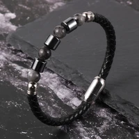 free shipping gemstone leather wrap bracelet for men personalized natural tube hematite 8mm tiger eye bead wrist bracelets