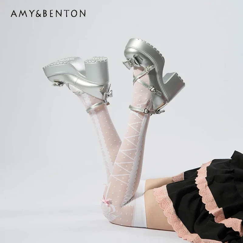 Туфли женские джинсовые на высоком каблуке с бантом и пряжкой