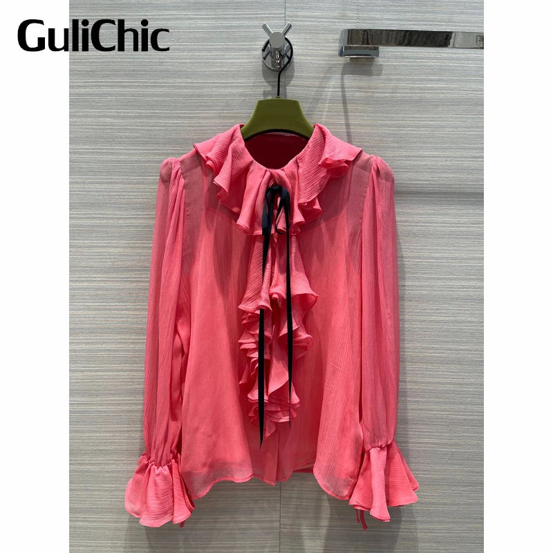 

10.7 GuliChic Women Fashion Sweet Ruffle Single Breasted Flared Sleeve Silk Shirt With Tank Top