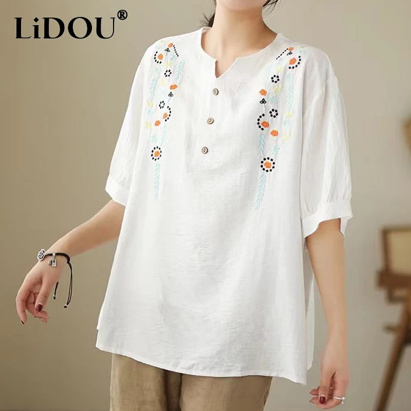 

2023 Summer New Chinese Style Oversize V-neck Half Sleeve Shirt Women Cotton Hemp Vintage Embroidered Loose Casual Pullovers