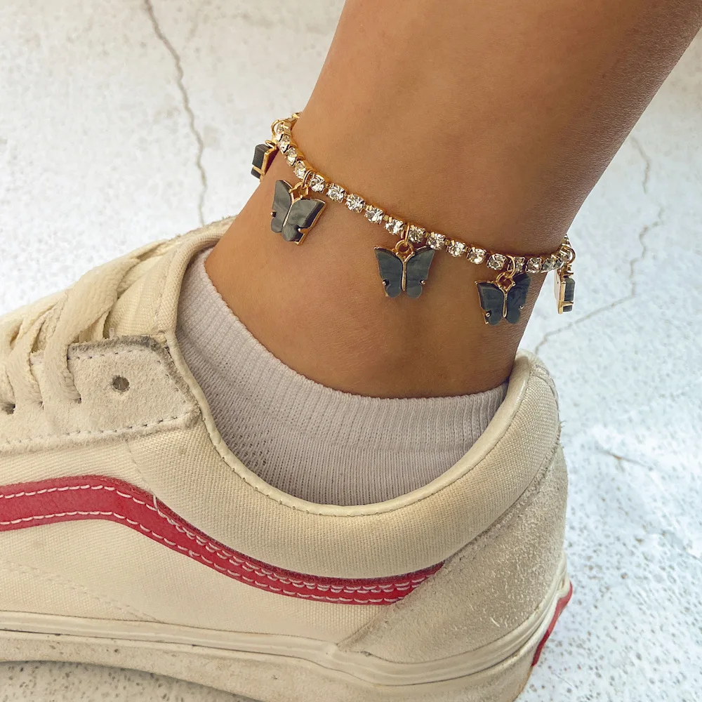 

luxury Summer Beach Anklet Butterfly Barefoot Chain Butterfly Anklet Rhinestone Tennis Chain Foot Chain Jewelry for Women
