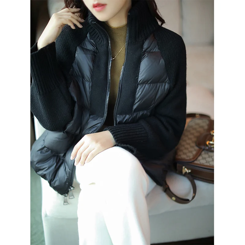 Black Turtleneck Patchwork Short down jacket Outerwear European Goods Autumn and Winter New Down jacket Thick Warm Zip-up Top