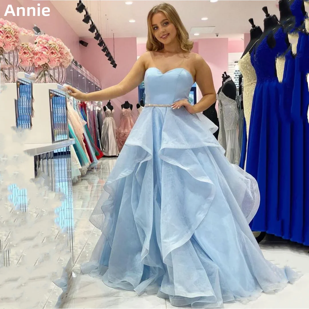 

Annie Sexy Strapless Prom Dresses Ruffles Party Dresses Sweetheart Light Blue 2023 Vestidos De Noche فساتين للحفلات الراقصة