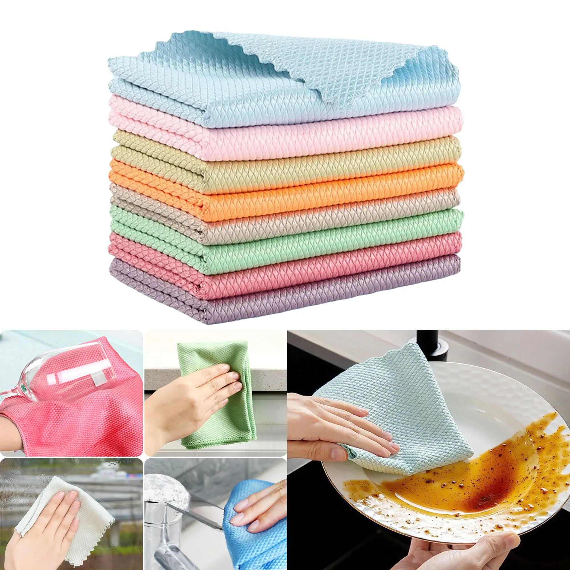 

5PCS Quickly Absorbent Microfiber Towel Kitchen Dish Cloth Nano Cloths Fish Scale Glass Wipe Cloth Household Cleaning Rag Tool