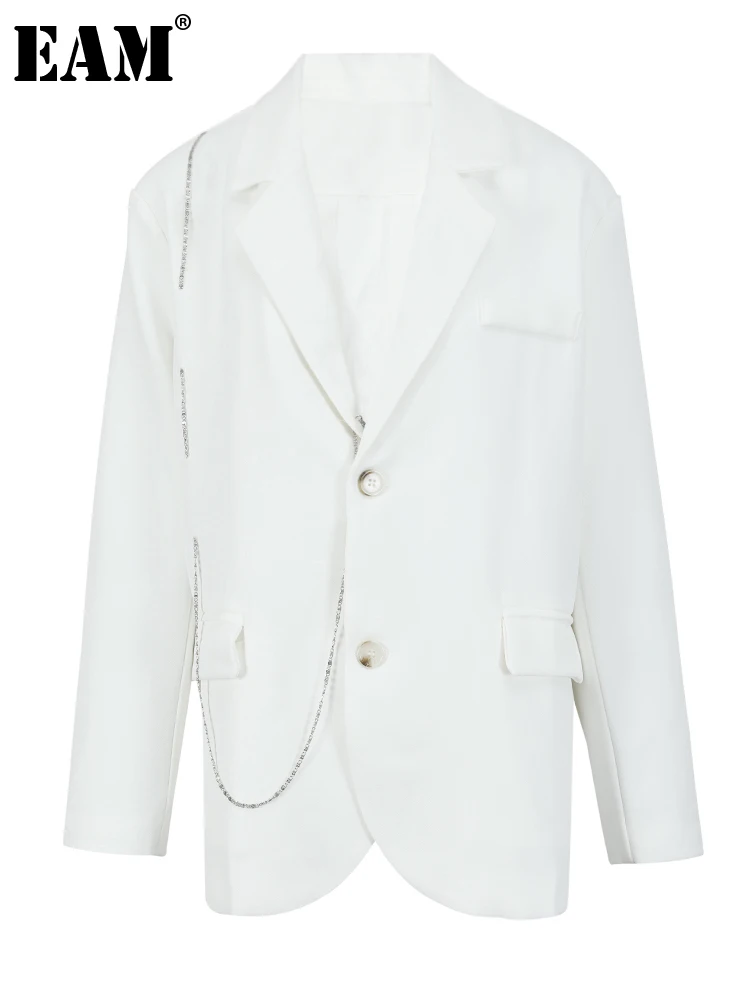 

[EAM] Women White Metal Chain Big Size Blazer New Lapel Long Sleeve Loose Fit Jacket Fashion Tide Spring Autumn 2023 1DF6382