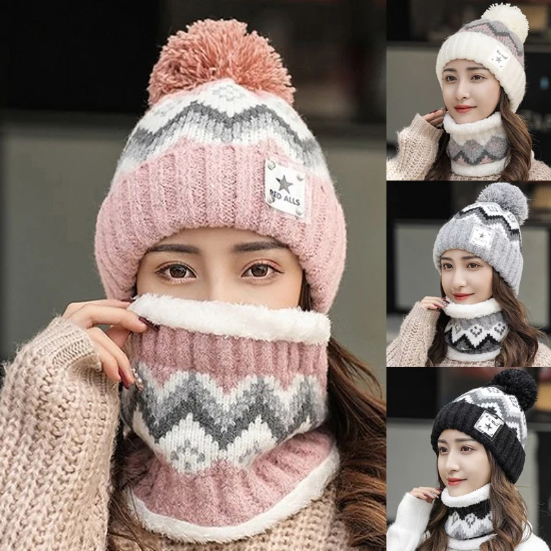 

New Winter Women Beanie Hat Scarf Set Thicken Warm Knitted Hat Wool Neck Scarf Outdoor Ski Mask Bonnet Hats Knit Cap With Scarf