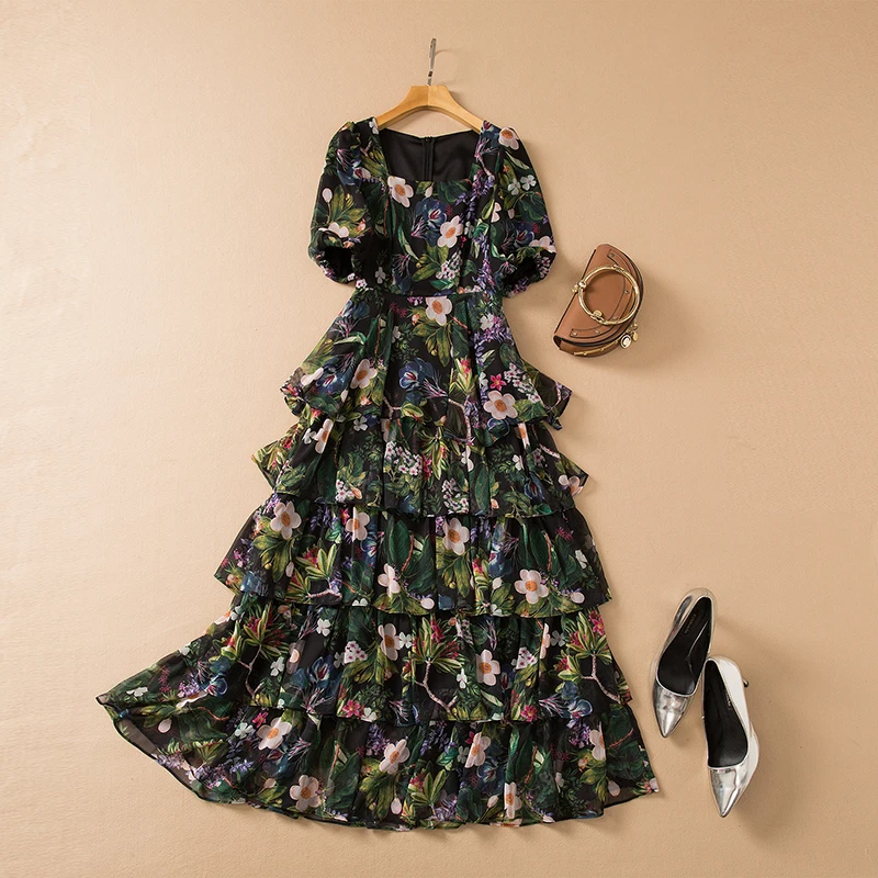 

MIUXIMAO 2022 High Quality Spring&Summer Elegant Cake Dress Short Sleeve Square Collar Print Fashion Long Dress Women Vestides