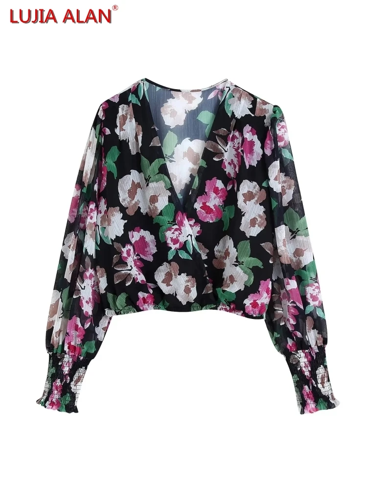 

New Women's Floral Printing Chiffon V-Neck Puff Sleeve Casual Loose Short Blouse Smock LUJIA ALAN B902