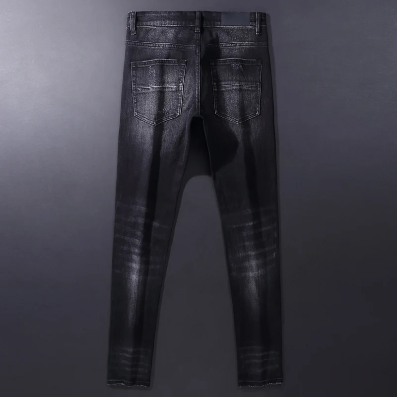 High Street Fashion Men Jeans Retro Black Gray Elastic Slim Fit Ripped Jeans Men Patched Designer Hip Hop Brand Pants Hombre