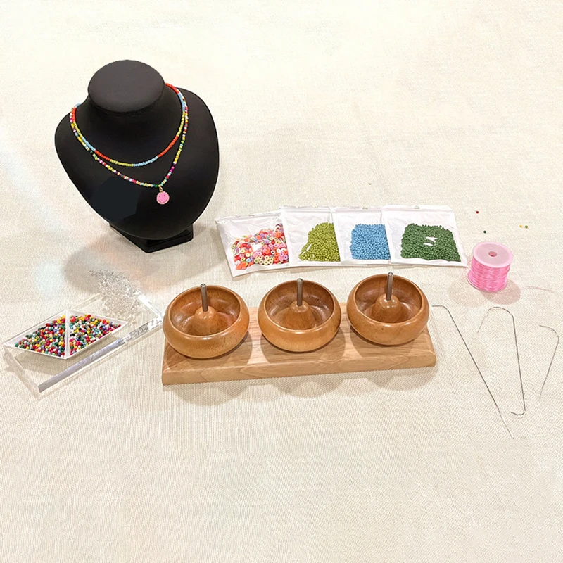 

Wooden Bead Spinner With Curved Needles Three Spinning Beading Bowl DIY Bracelets Jewelry Making Tools Stringing Bead Loader
