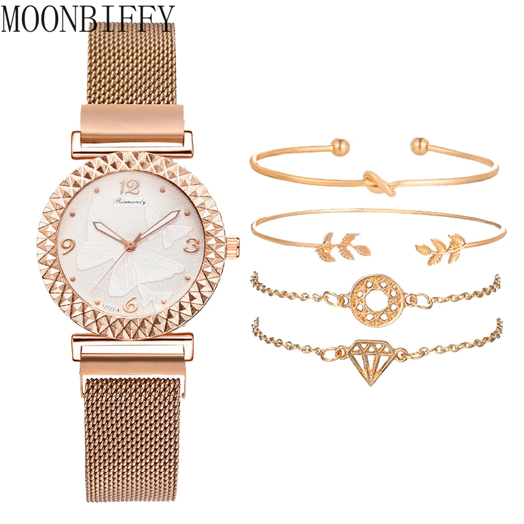 

5PCS Women Bracelet Watch Set Luxury Simple Rose Gold Dress Ladies Watches Bracelet Women Quartz Watches Gifts for Friends