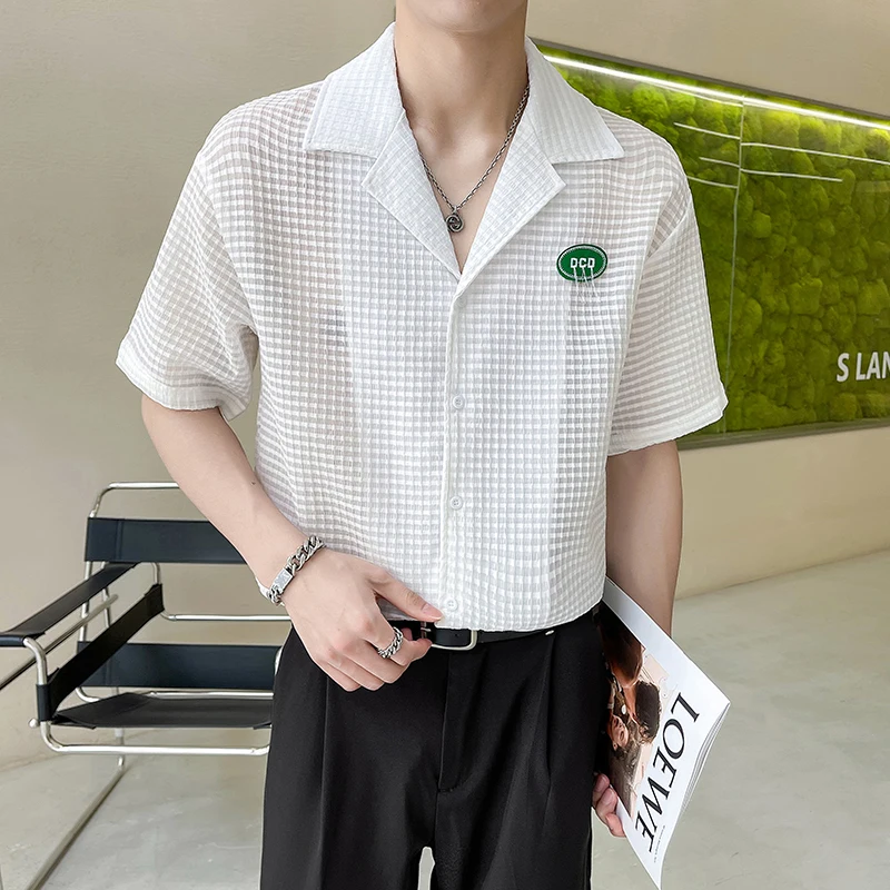 Summer Plaid Thin Shirts for Men Short Sleeve Fashion Korean Casual Shirt Large Lapel Tops Streetwear Social Party Men Clothing