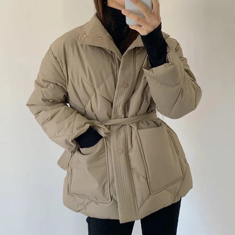 Winter Versatile High Neck Warm Large Pocket Lace Up Waist Cotton Jacket Winter Clothes Women Winter Jacket for Women Winter