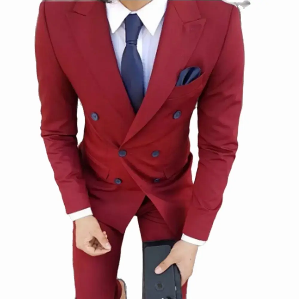 

2022 Classic Design Groom Tuxedos Double Breasted Wine Red Peak Lapel Groomsmen Best Man Suit Mens Wedding Suits (Jacket+Pants)