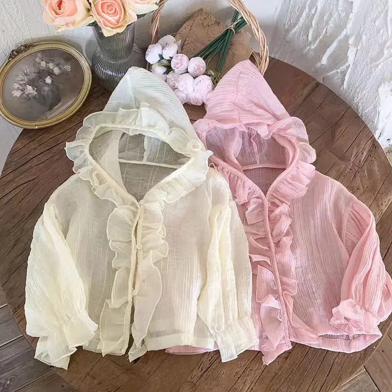 

2023 Summer New Baby Loose Sunscreen Jacket Sweet Infant Coat Solid Ruffles Hooded Toddler Coat Thin Children Clothing