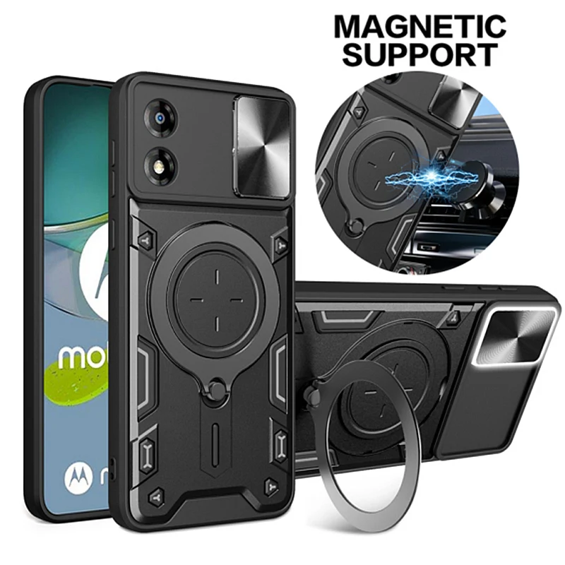 

For Motorola Moto E13 Case Metal Ring Magnetic Holder Armor Cases For Moto E13 E 13 13E 6.5" MotoE13 4G Slide Lens Protect Cover