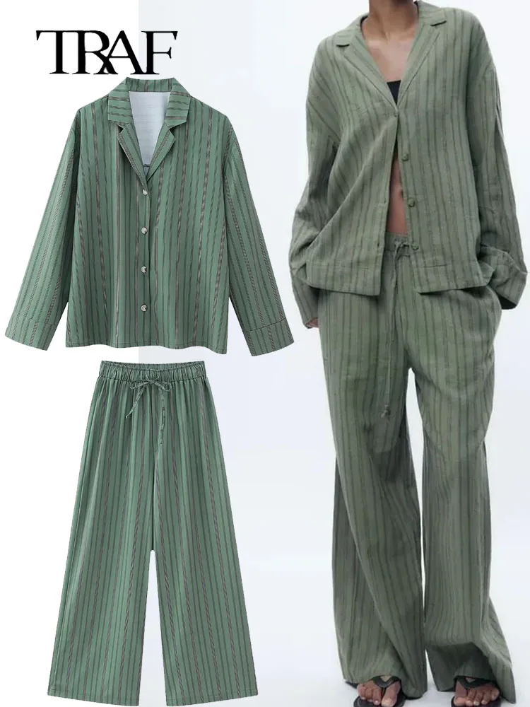 

TRAF 2023 New Women stripe Blouse Pants Sets Summer Fashion Female Casual O-Neck Long Sleeve shirt Top+Drawstring Long Pant