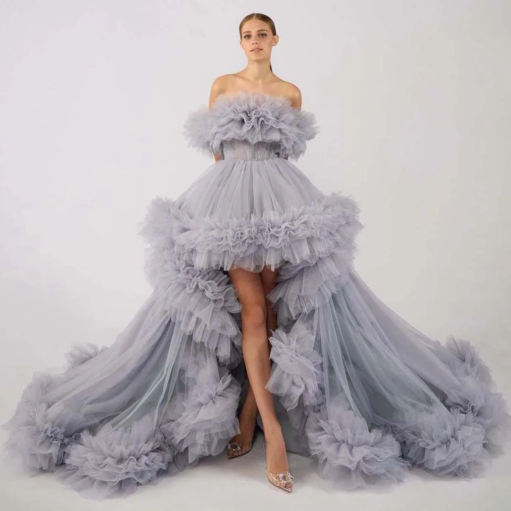 

Grey tulle off-shoulder ruffled fluffy ball gown formal party evening dress